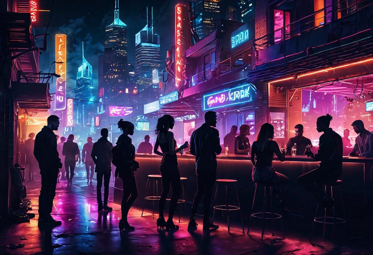 An artistic representation of a modern urban nightlife scene, featuring a diverse group of adults engaging in various forms of alternative lifestyles. Add elements like neon lights, edgy fashion, and a rooftop bar setting to evoke a sense of freedom and exploration. Incorporate silhouettes of city buildings in the background to enhance the urban vibe. vibrant colors. cyberpunk style.