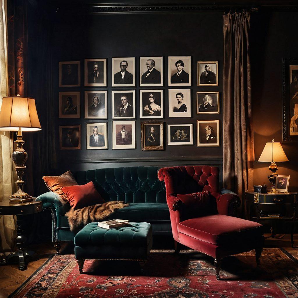 A sultry, dimly lit room filled with vintage furniture, posters of famous risqué artworks on the walls, and an inviting plush chaise lounge. An open book with provocative illustrations rests on a velvet table, while a seductive silhouette of a person can be seen through soft, sheer curtains. The atmosphere is both alluring and mysterious, suggesting a deep dive into taboo topics. moody lighting. super-realistic. rich textures.